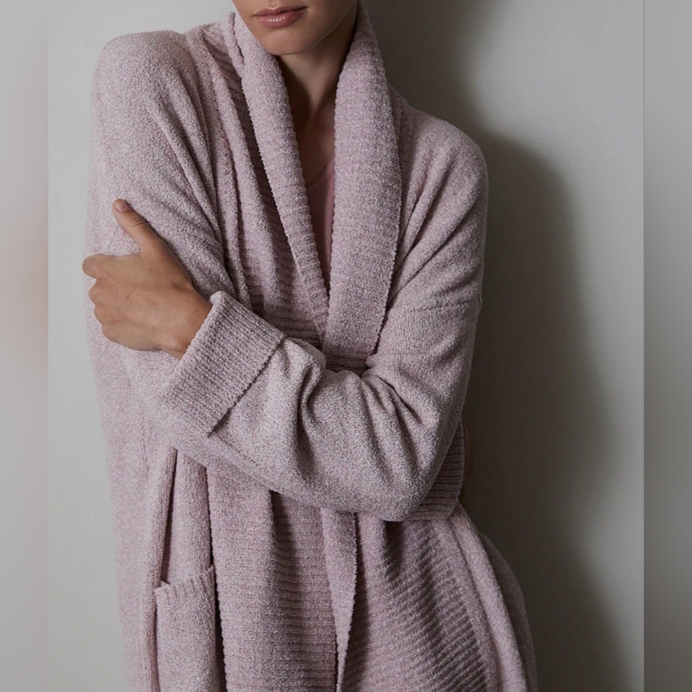 N NATORI Aura blush pink cozy chenille open front lounge pocket cardigan sweater